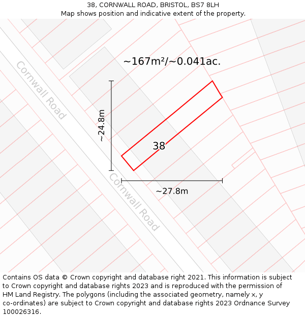 38, CORNWALL ROAD, BRISTOL, BS7 8LH: Plot and title map