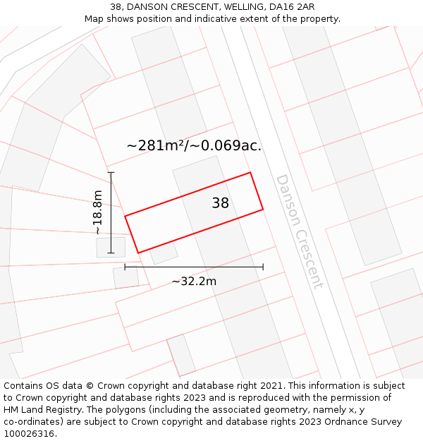 38, DANSON CRESCENT, WELLING, DA16 2AR: Plot and title map
