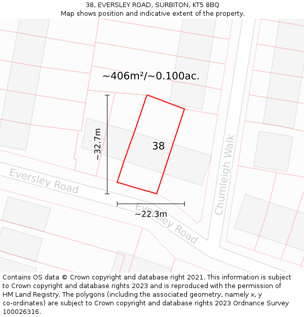 38, EVERSLEY ROAD, SURBITON, KT5 8BQ: Plot and title map