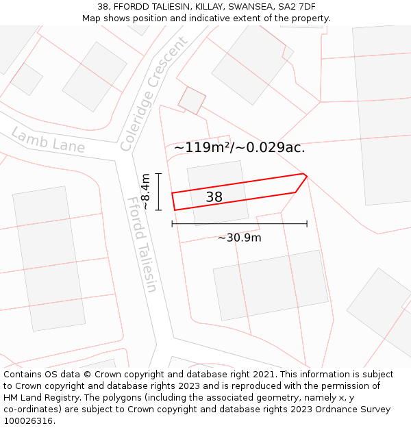 38, FFORDD TALIESIN, KILLAY, SWANSEA, SA2 7DF: Plot and title map
