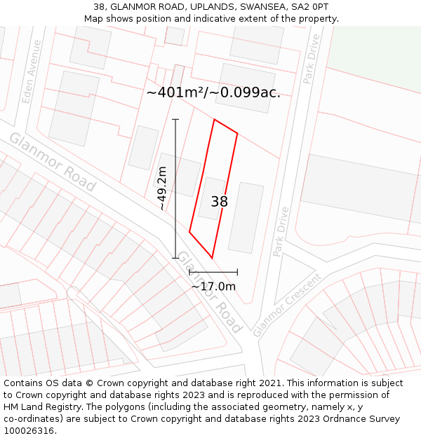 38, GLANMOR ROAD, UPLANDS, SWANSEA, SA2 0PT: Plot and title map