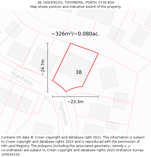38, HIGHFIELDS, TONYREFAIL, PORTH, CF39 8GA: Plot and title map