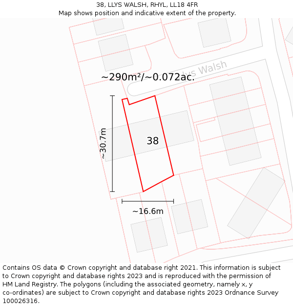 38, LLYS WALSH, RHYL, LL18 4FR: Plot and title map