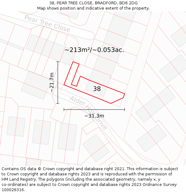 38, PEAR TREE CLOSE, BRADFORD, BD6 2DG: Plot and title map