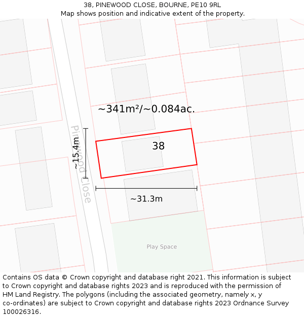 38, PINEWOOD CLOSE, BOURNE, PE10 9RL: Plot and title map