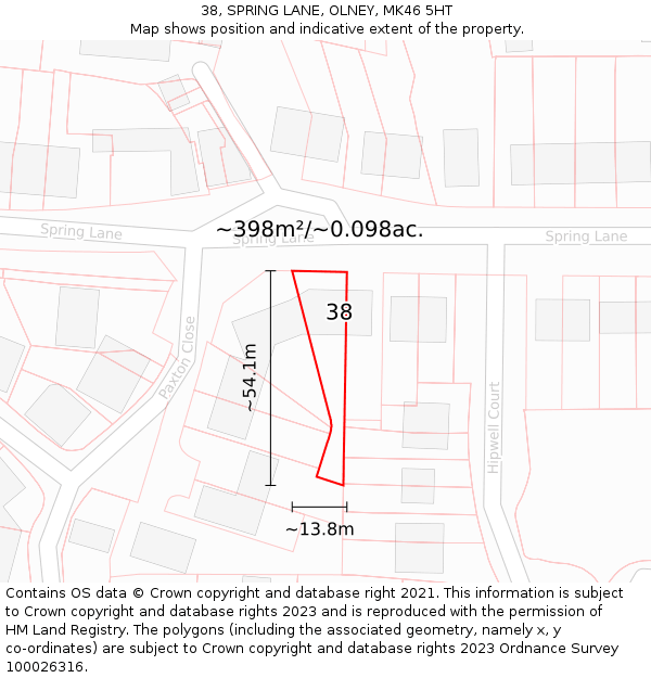 38, SPRING LANE, OLNEY, MK46 5HT: Plot and title map