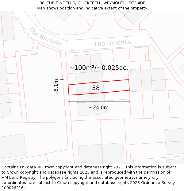 38, THE BINDELLS, CHICKERELL, WEYMOUTH, DT3 4BF: Plot and title map