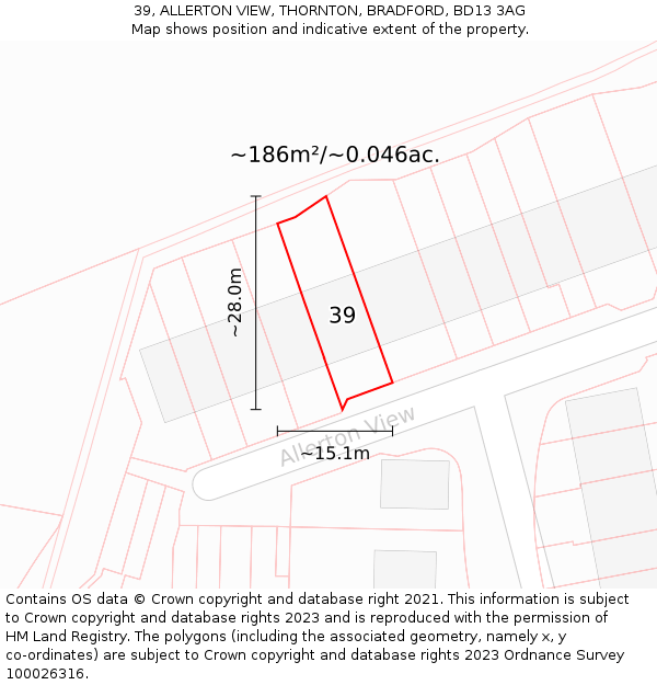 39, ALLERTON VIEW, THORNTON, BRADFORD, BD13 3AG: Plot and title map