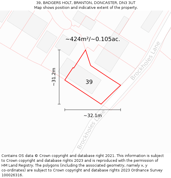 39, BADGERS HOLT, BRANTON, DONCASTER, DN3 3UT: Plot and title map