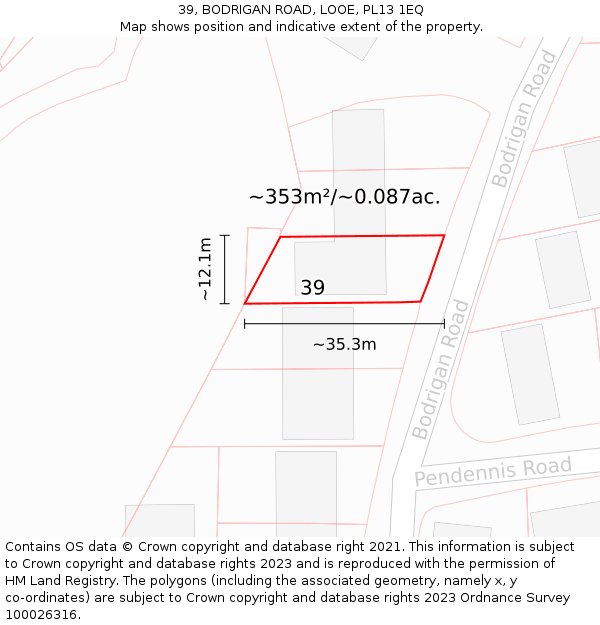 39, BODRIGAN ROAD, LOOE, PL13 1EQ: Plot and title map