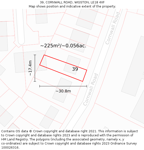 39, CORNWALL ROAD, WIGSTON, LE18 4XF: Plot and title map