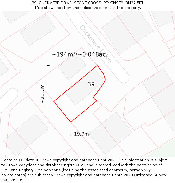 39, CUCKMERE DRIVE, STONE CROSS, PEVENSEY, BN24 5PT: Plot and title map