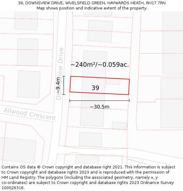 39, DOWNSVIEW DRIVE, WIVELSFIELD GREEN, HAYWARDS HEATH, RH17 7RN: Plot and title map
