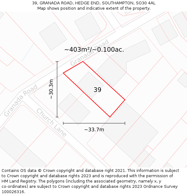 39, GRANADA ROAD, HEDGE END, SOUTHAMPTON, SO30 4AL: Plot and title map