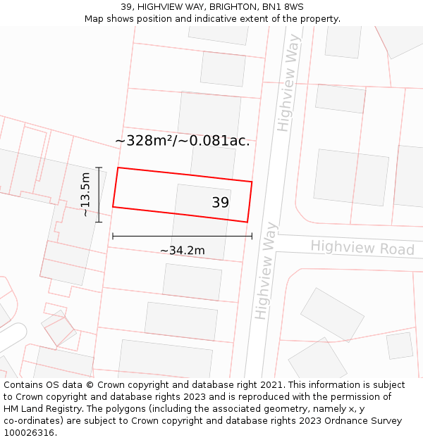 39, HIGHVIEW WAY, BRIGHTON, BN1 8WS: Plot and title map
