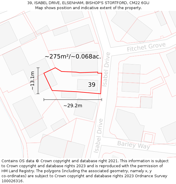 39, ISABEL DRIVE, ELSENHAM, BISHOP'S STORTFORD, CM22 6GU: Plot and title map