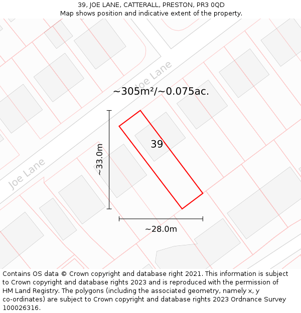 39, JOE LANE, CATTERALL, PRESTON, PR3 0QD: Plot and title map