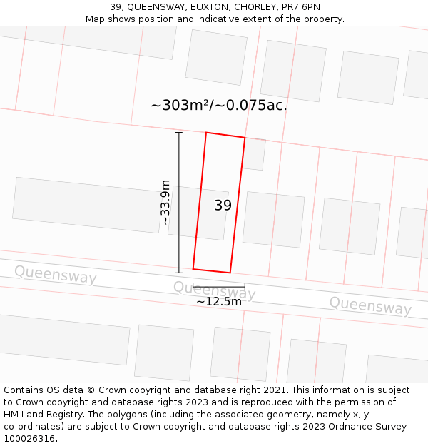 39, QUEENSWAY, EUXTON, CHORLEY, PR7 6PN: Plot and title map
