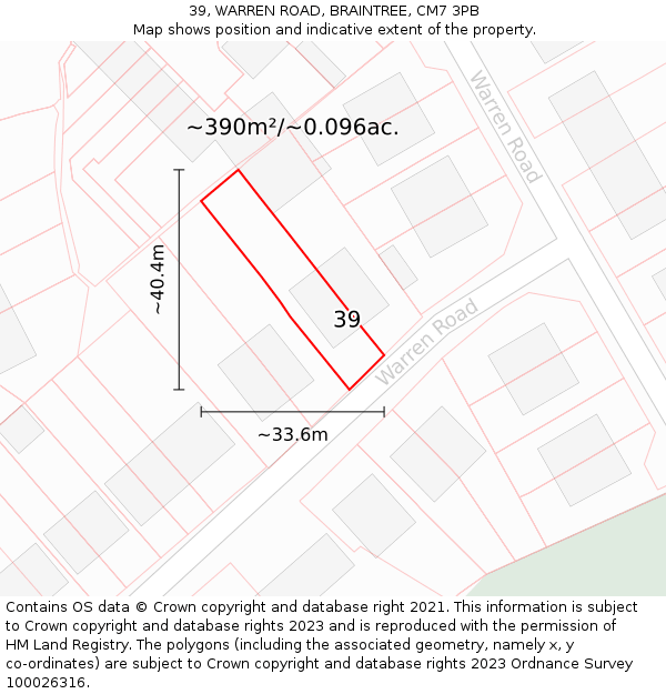 39, WARREN ROAD, BRAINTREE, CM7 3PB: Plot and title map
