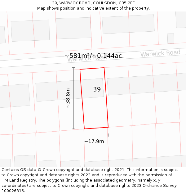 39, WARWICK ROAD, COULSDON, CR5 2EF: Plot and title map