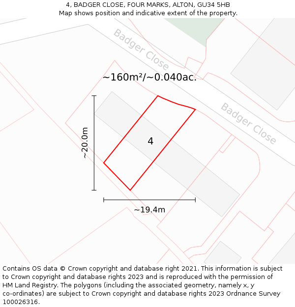 4, BADGER CLOSE, FOUR MARKS, ALTON, GU34 5HB: Plot and title map