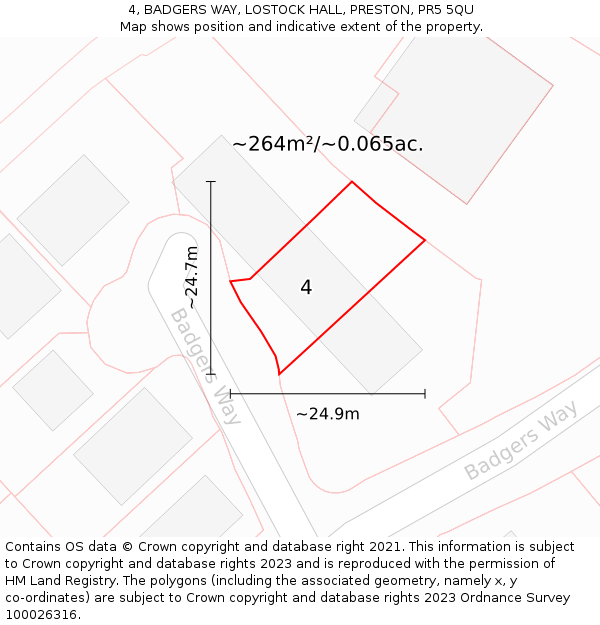 4, BADGERS WAY, LOSTOCK HALL, PRESTON, PR5 5QU: Plot and title map