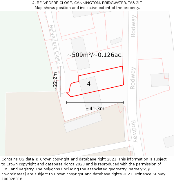 4, BELVEDERE CLOSE, CANNINGTON, BRIDGWATER, TA5 2LT: Plot and title map