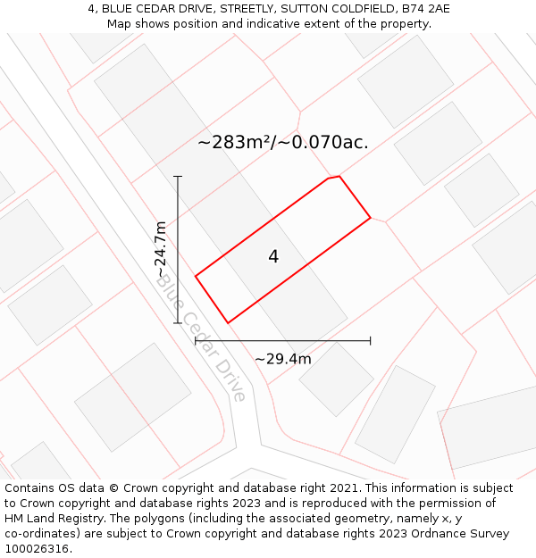 4, BLUE CEDAR DRIVE, STREETLY, SUTTON COLDFIELD, B74 2AE: Plot and title map