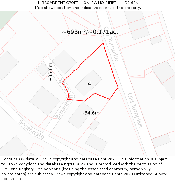 4, BROADBENT CROFT, HONLEY, HOLMFIRTH, HD9 6PN: Plot and title map