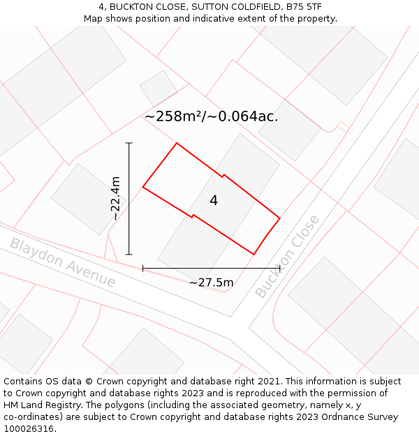 4, BUCKTON CLOSE, SUTTON COLDFIELD, B75 5TF: Plot and title map