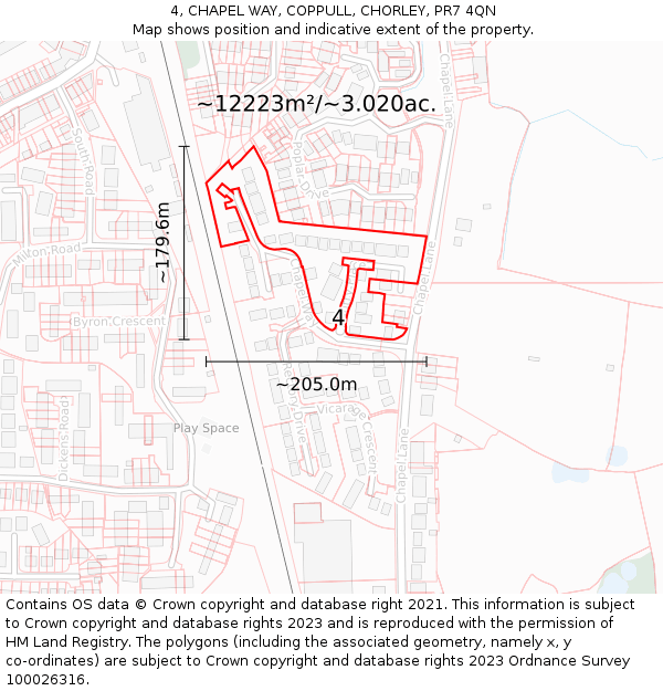 4, CHAPEL WAY, COPPULL, CHORLEY, PR7 4QN: Plot and title map