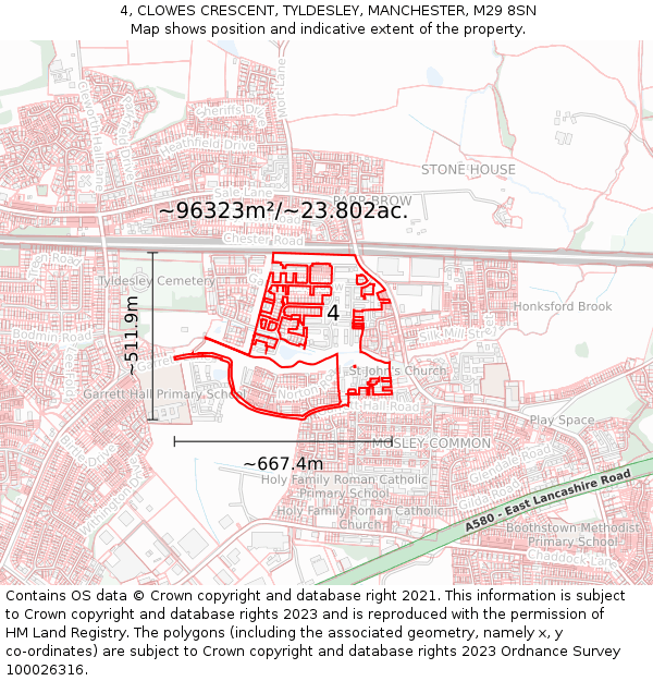 4, CLOWES CRESCENT, TYLDESLEY, MANCHESTER, M29 8SN: Plot and title map