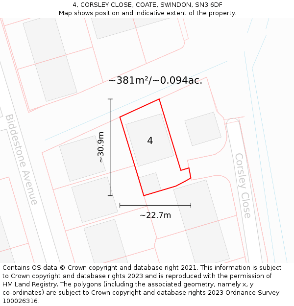 4, CORSLEY CLOSE, COATE, SWINDON, SN3 6DF: Plot and title map