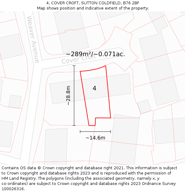 4, COVER CROFT, SUTTON COLDFIELD, B76 2BF: Plot and title map