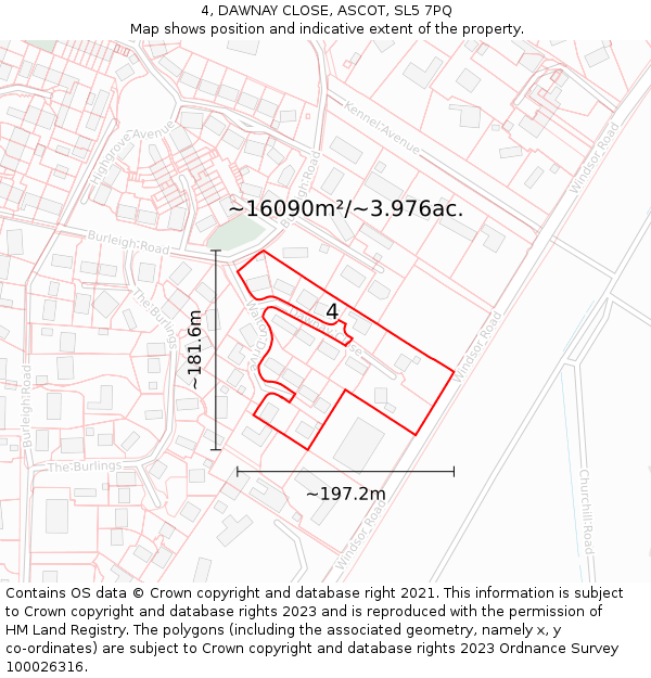 4, DAWNAY CLOSE, ASCOT, SL5 7PQ: Plot and title map