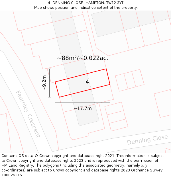 4, DENNING CLOSE, HAMPTON, TW12 3YT: Plot and title map