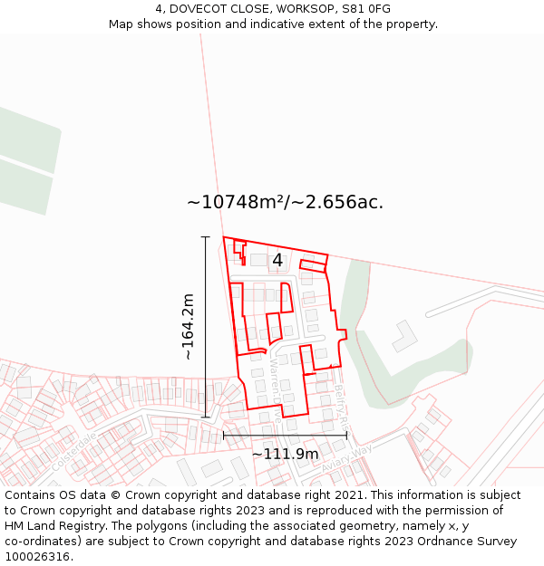 4, DOVECOT CLOSE, WORKSOP, S81 0FG: Plot and title map