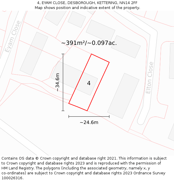 4, EYAM CLOSE, DESBOROUGH, KETTERING, NN14 2FF: Plot and title map