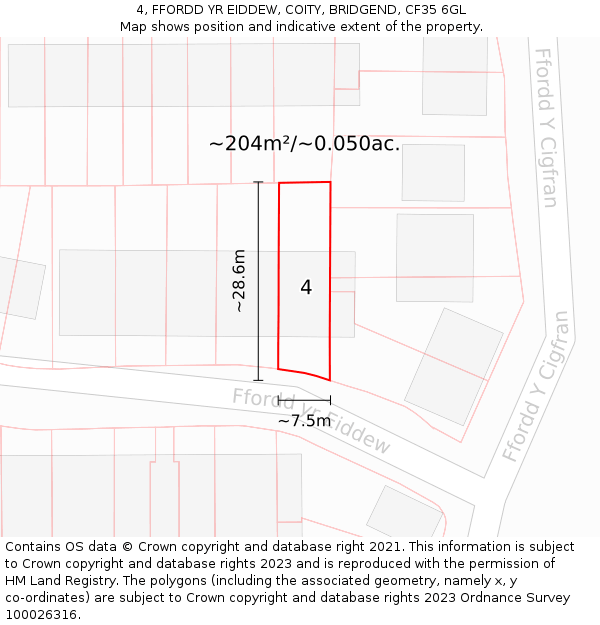 4, FFORDD YR EIDDEW, COITY, BRIDGEND, CF35 6GL: Plot and title map