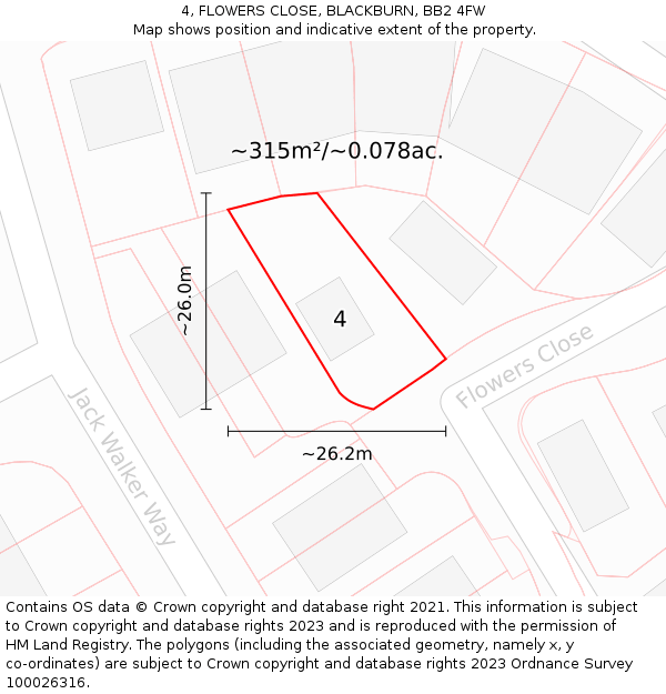 4, FLOWERS CLOSE, BLACKBURN, BB2 4FW: Plot and title map