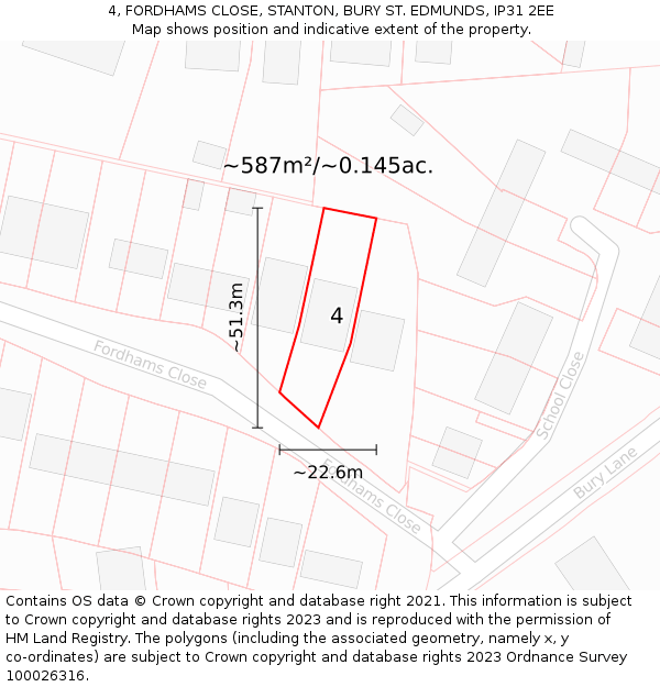 4, FORDHAMS CLOSE, STANTON, BURY ST. EDMUNDS, IP31 2EE: Plot and title map
