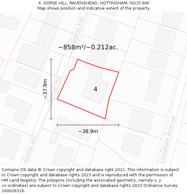 4, GORSE HILL, RAVENSHEAD, NOTTINGHAM, NG15 9AF: Plot and title map