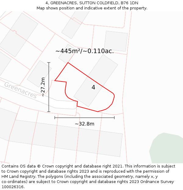 4, GREENACRES, SUTTON COLDFIELD, B76 1DN: Plot and title map