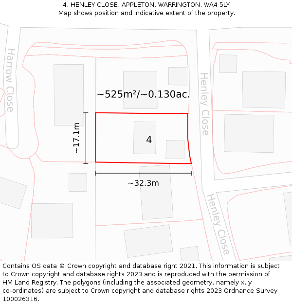 4, HENLEY CLOSE, APPLETON, WARRINGTON, WA4 5LY: Plot and title map
