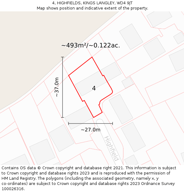 4, HIGHFIELDS, KINGS LANGLEY, WD4 9JT: Plot and title map