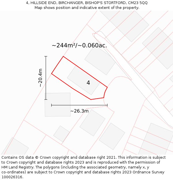 4, HILLSIDE END, BIRCHANGER, BISHOP'S STORTFORD, CM23 5QQ: Plot and title map