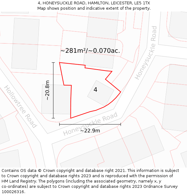 4, HONEYSUCKLE ROAD, HAMILTON, LEICESTER, LE5 1TX: Plot and title map