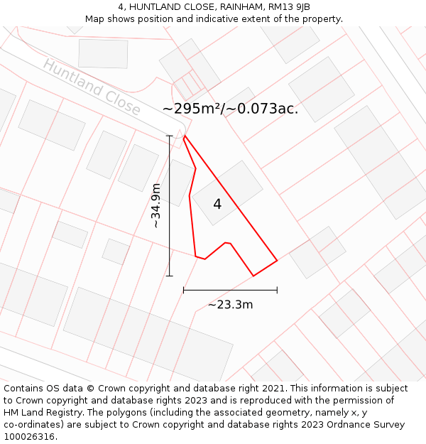 4, HUNTLAND CLOSE, RAINHAM, RM13 9JB: Plot and title map