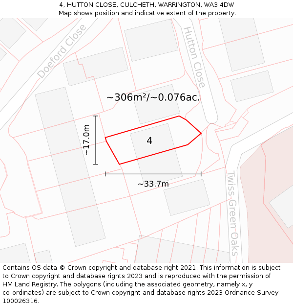 4, HUTTON CLOSE, CULCHETH, WARRINGTON, WA3 4DW: Plot and title map