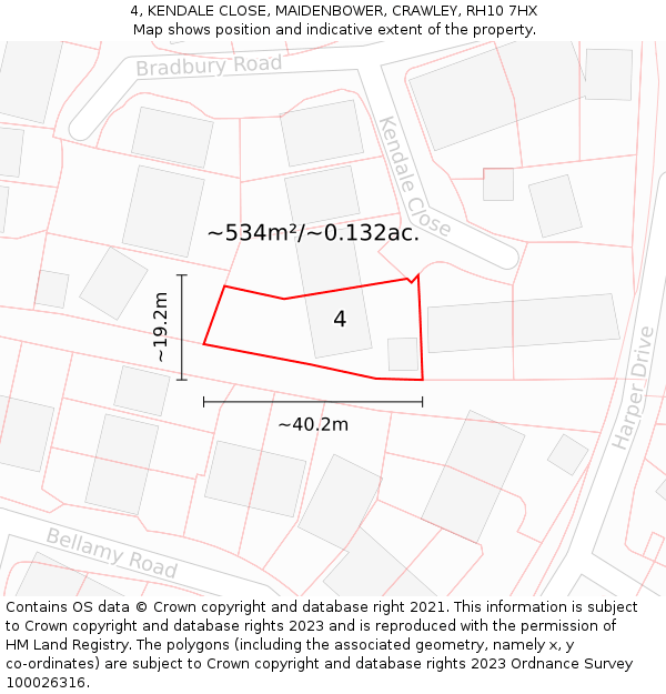 4, KENDALE CLOSE, MAIDENBOWER, CRAWLEY, RH10 7HX: Plot and title map